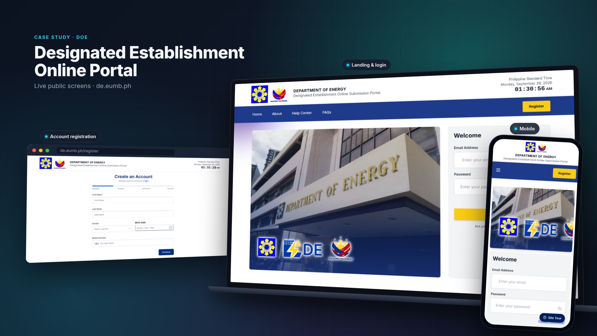DE Online Submission Portal public screens: the landing page with login panel on a laptop, the Create an Account registration form in a browser window, and the mobile landing page on a phone