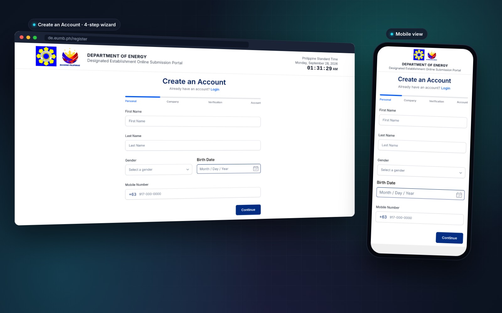 Empty de.eumb.ph Create an Account form, step 1 of 4 (Personal, Company, Verification, Account), on desktop and mobile