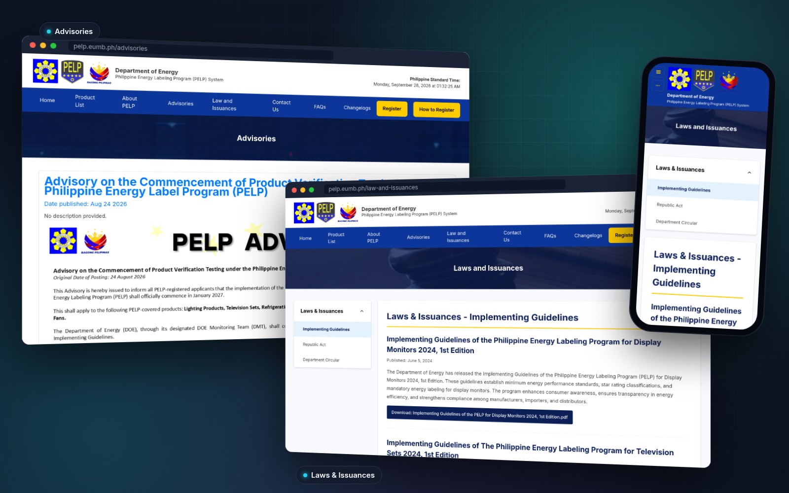 pelp.eumb.ph Advisories page showing a PELP advisory, and the Laws and Issuances page listing implementing guidelines, on desktop and mobile