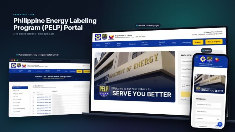 PELP Online Portal public screens on laptop and phone: home page with company login and the energy-label Product List (company details blurred)