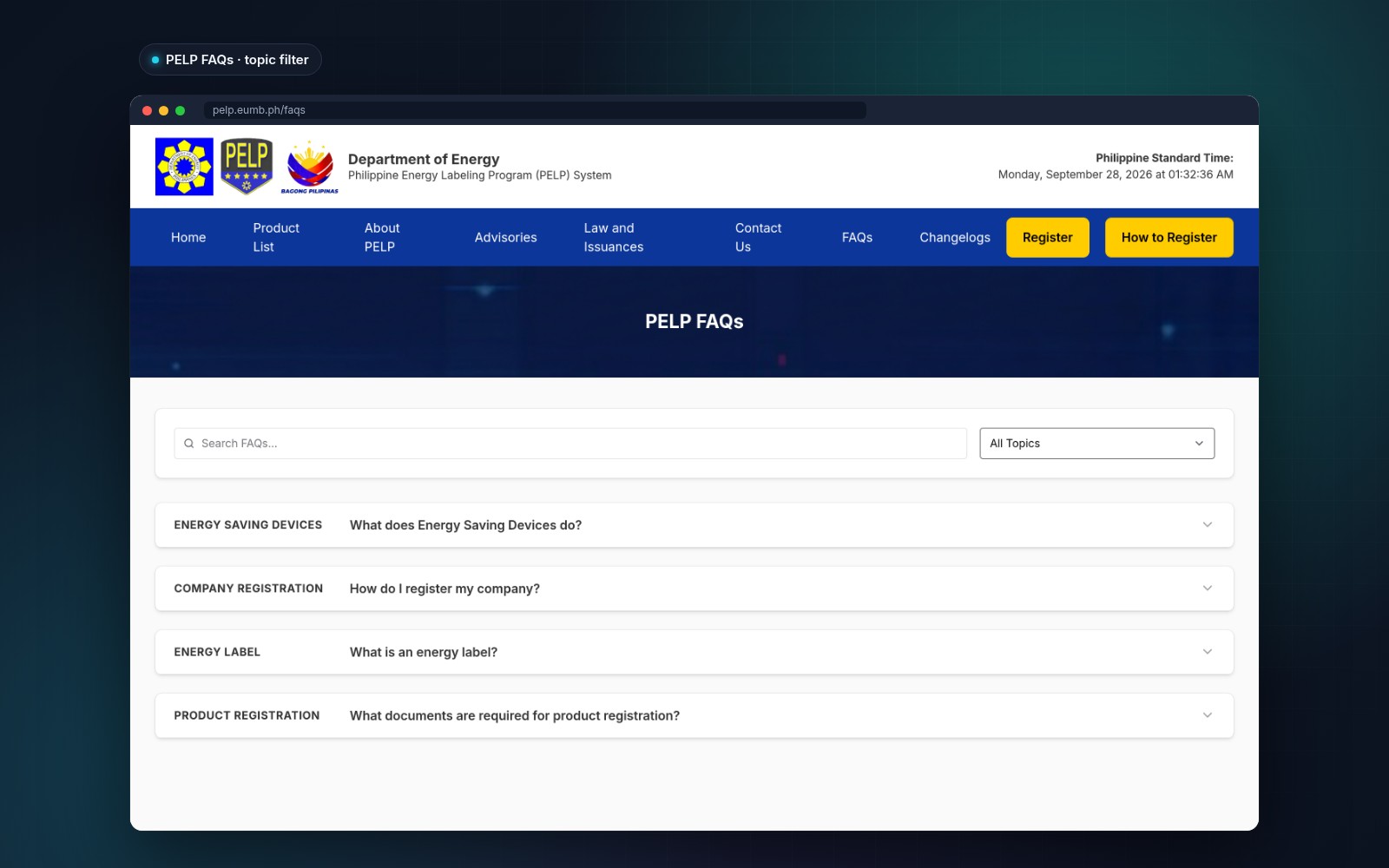 pelp.eumb.ph PELP FAQs page with search, topic filter and questions on energy saving devices, company registration, energy labels and product registration
