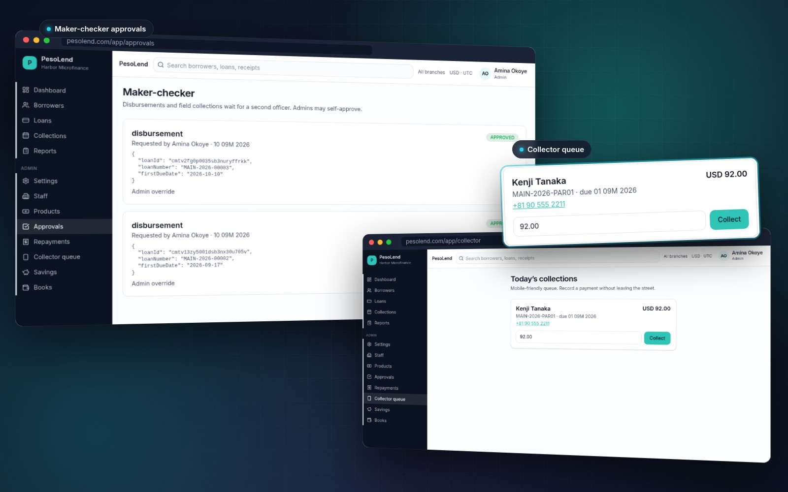PesoLend Maker-checker page listing approved disbursement requests, and the Collector queue page “Today’s collections” with a due instalment and Collect button — demo data