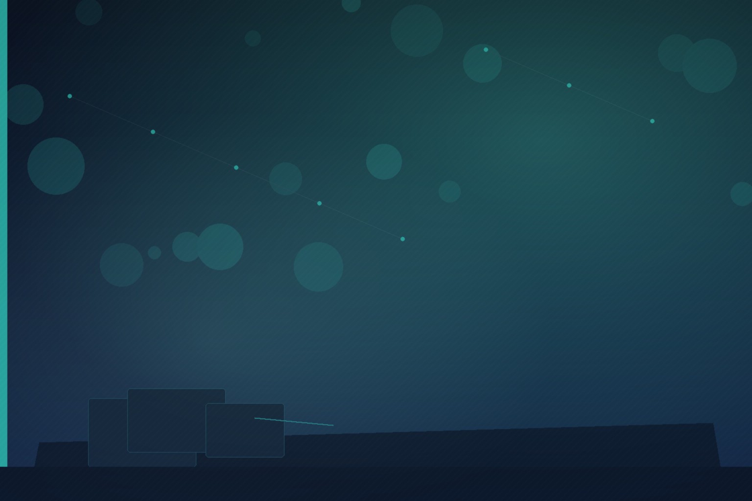 Singapore custom software cost planning — finance desk with soft Marina Bay night bokeh, navy and teal