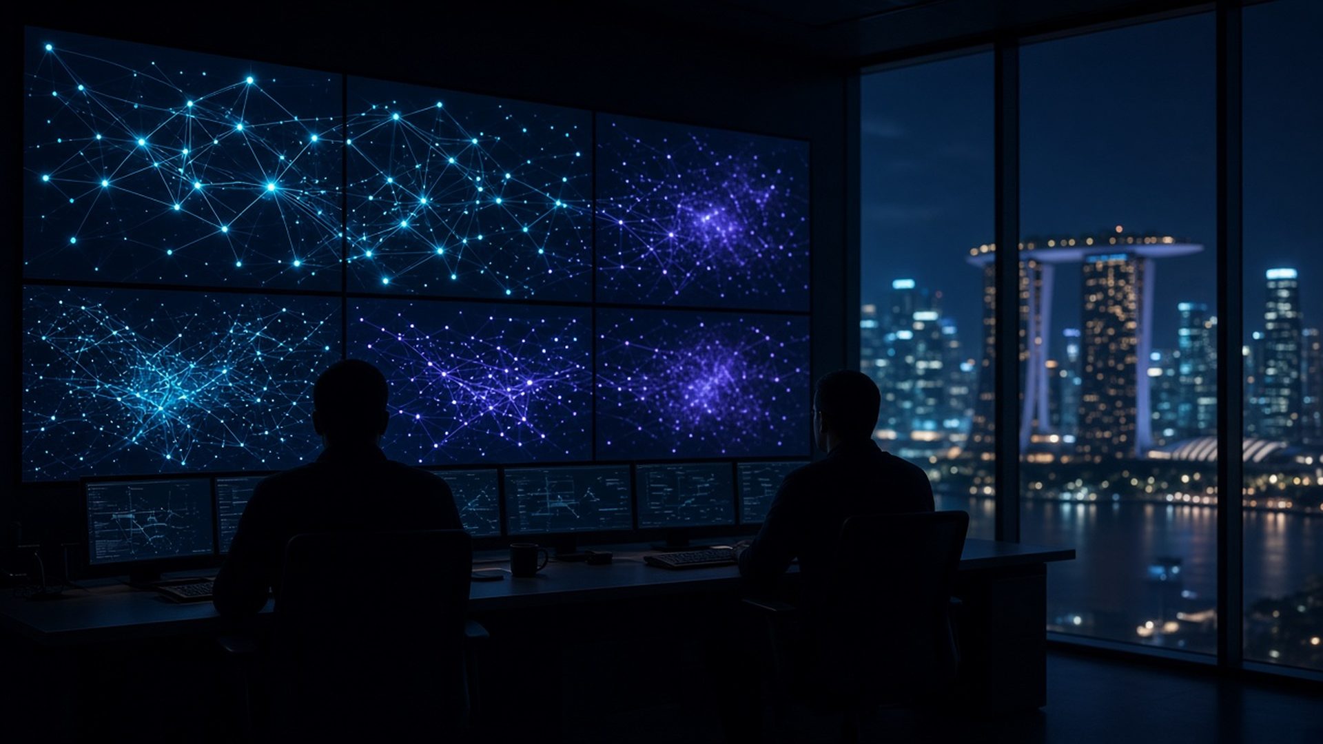 Cinematic security operations room at night representing WC1 cybersecurity services in Singapore and the Philippines