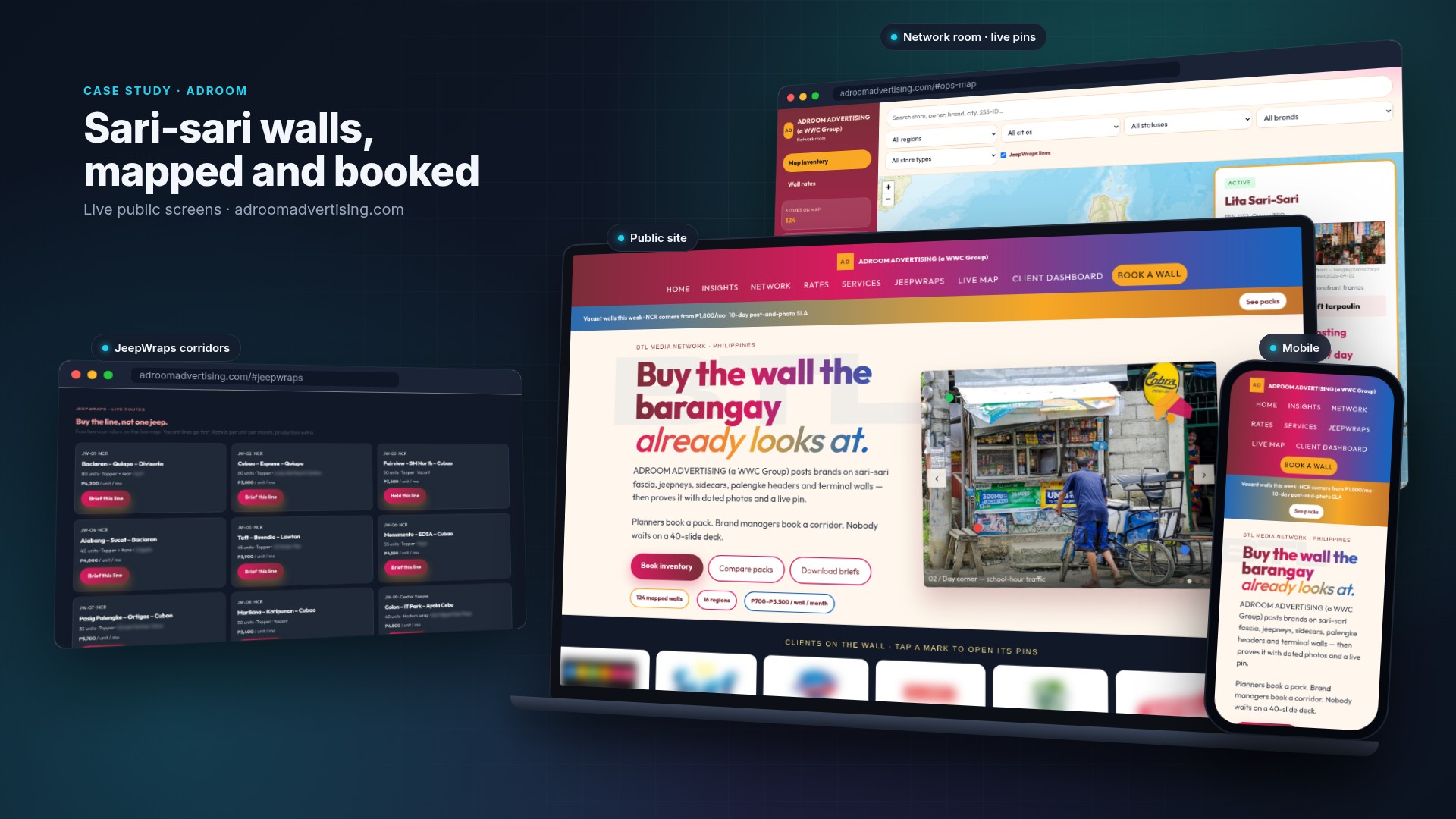 ADROOM Advertising web platform screens: the adroomadvertising.com home page on a laptop and phone, the Network room live wall map with a store pin open, and the JeepWraps corridor cards; third-party brand names in the sample data are blurred