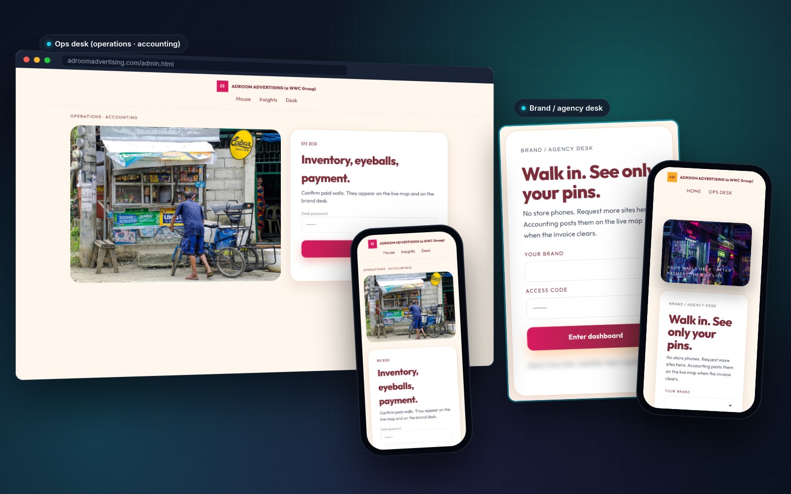 ADROOM ops desk sign-in (Inventory, eyeballs, payment) and brand / agency desk sign-in (Walk in. See only your pins.) on desktop and mobile; the demo access line is blurred