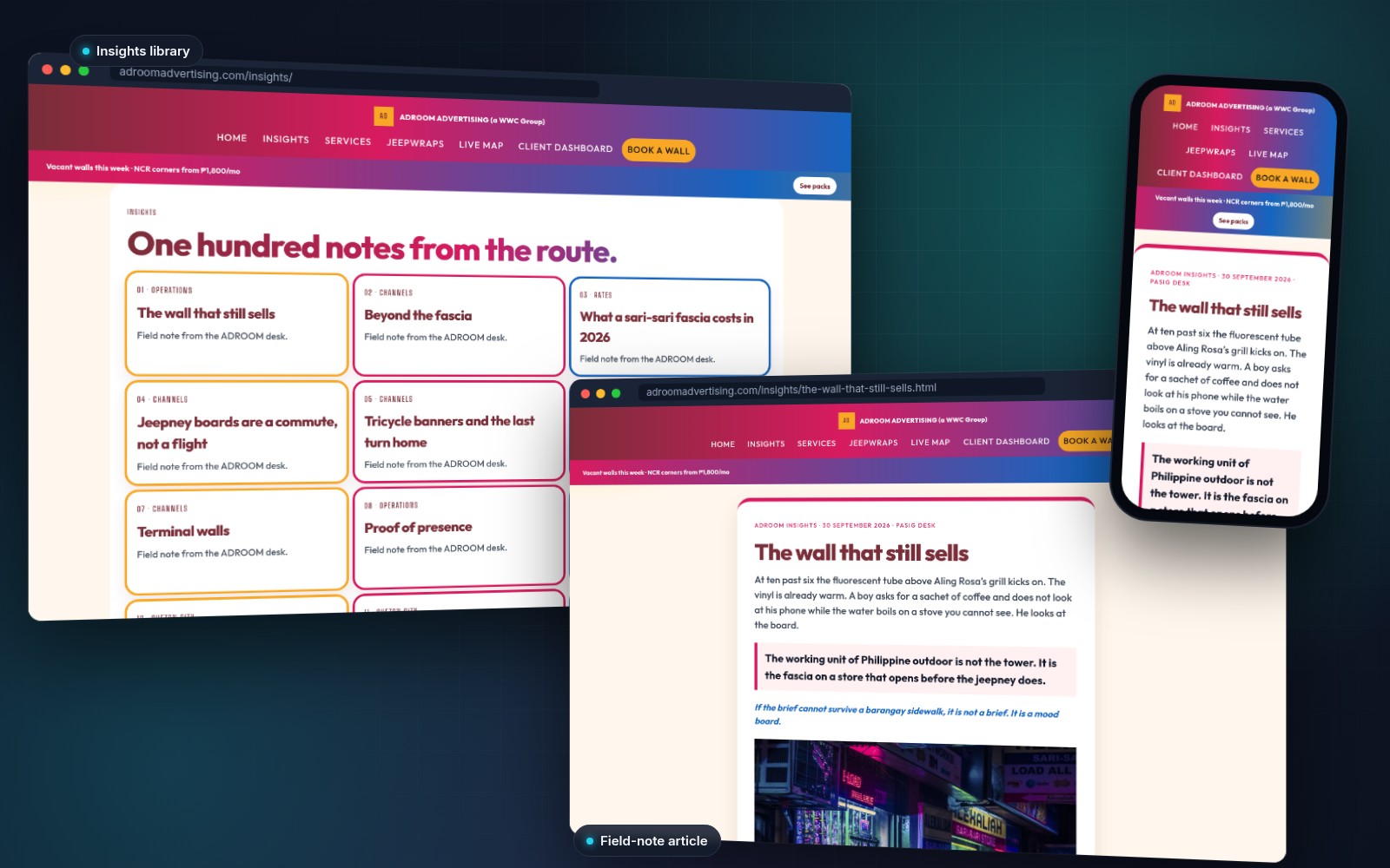 adroomadvertising.com Insights library of numbered field notes and the article “The wall that still sells” on desktop and mobile