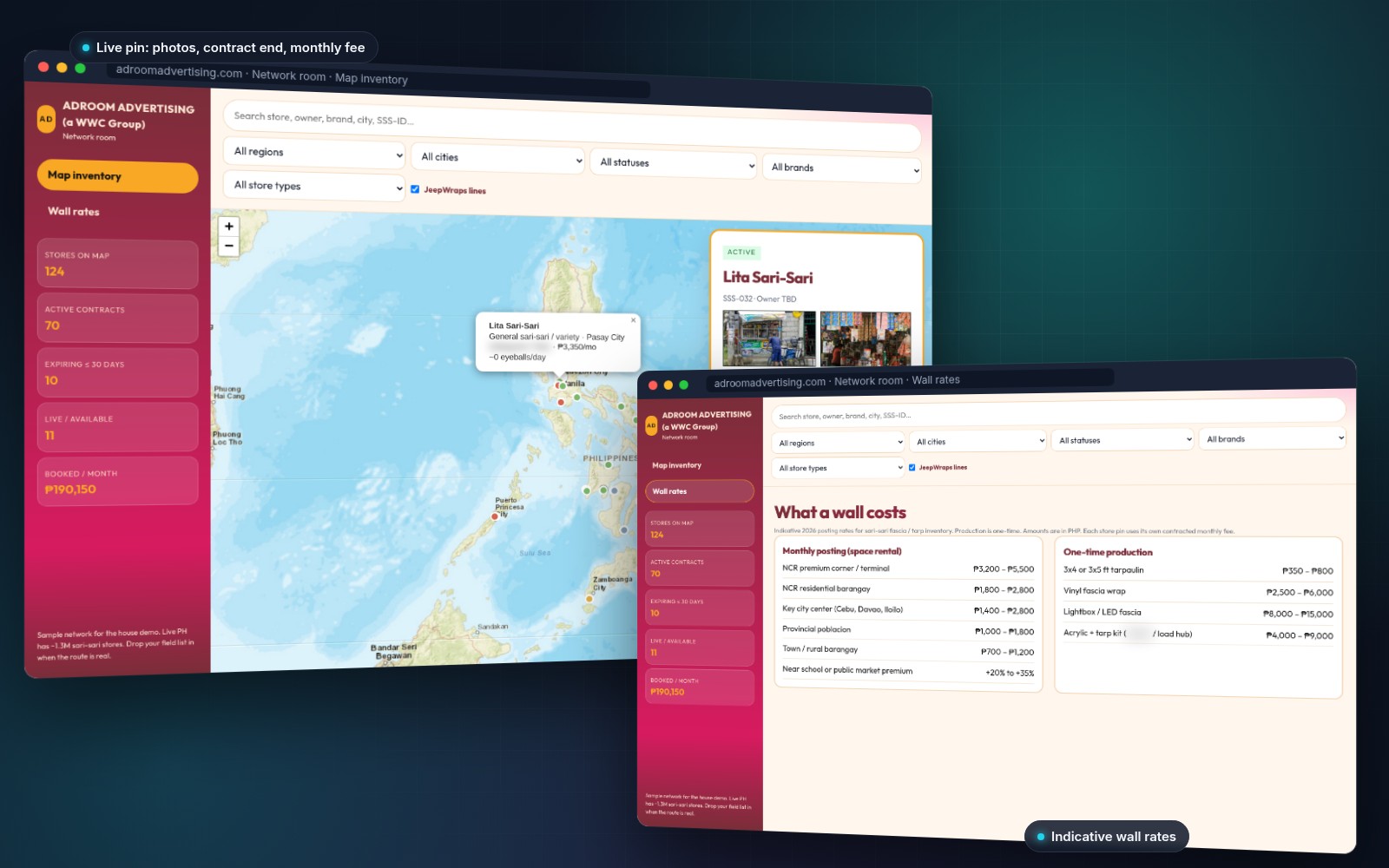 ADROOM Network room: Philippine map of sari-sari wall pins with a store detail panel showing storefront photos, contract dates and monthly posting fee, plus the Wall rates view with monthly posting and one-time production prices; sample network data, brand names blurred