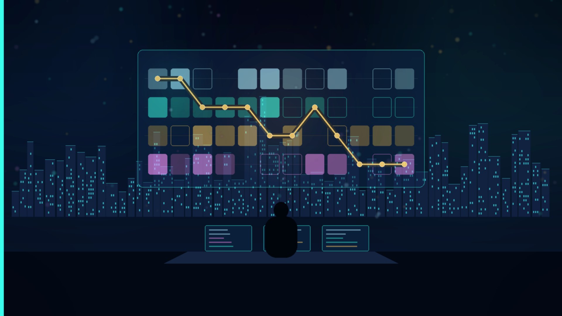 Cinematic Singapore CBD night operations room with a glowing four-lane maintenance calendar grid symbolising post-go-live AMS scope ownership