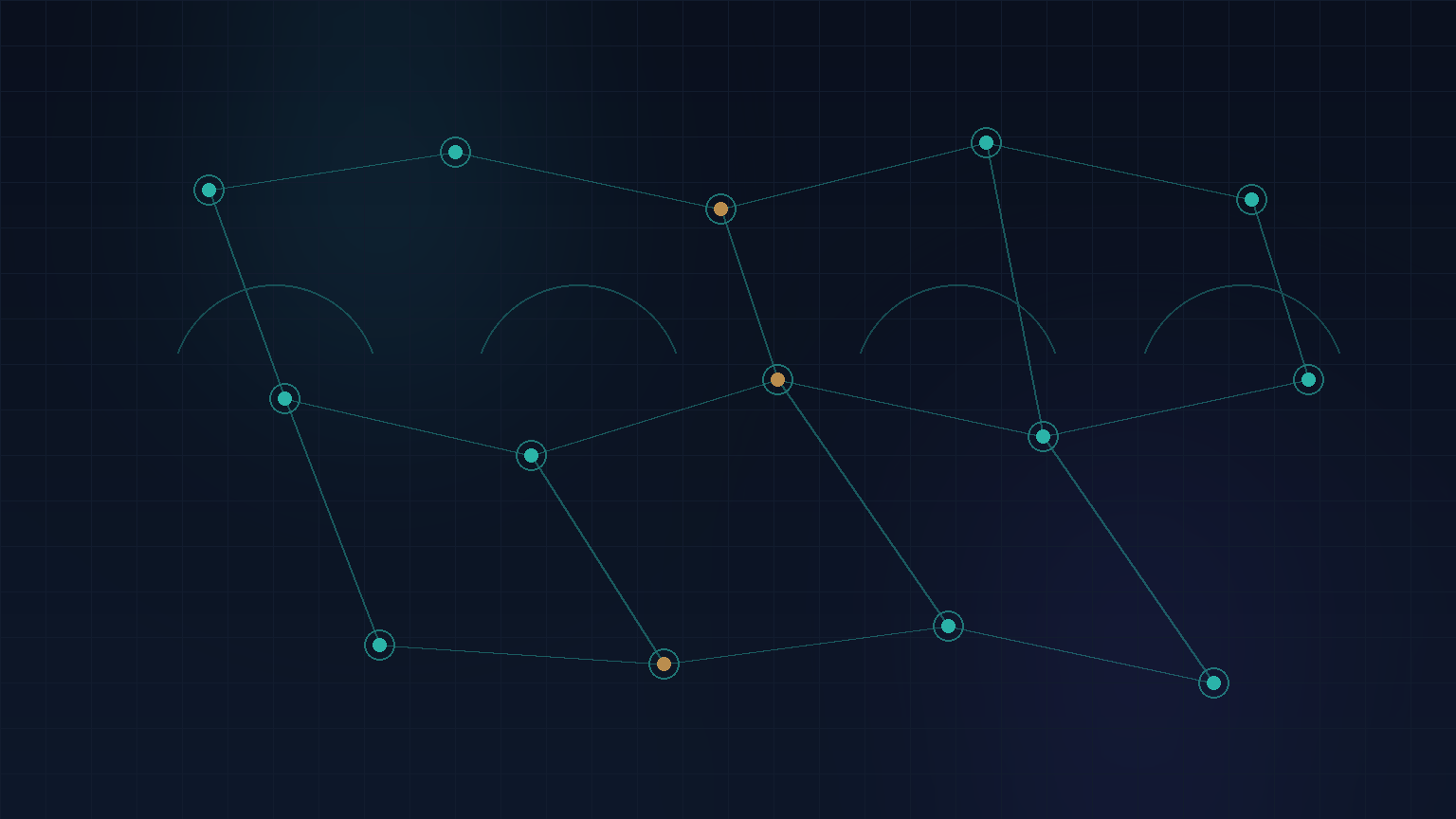 Navy and teal abstract of API nodes exchanging signed request paths across a grid