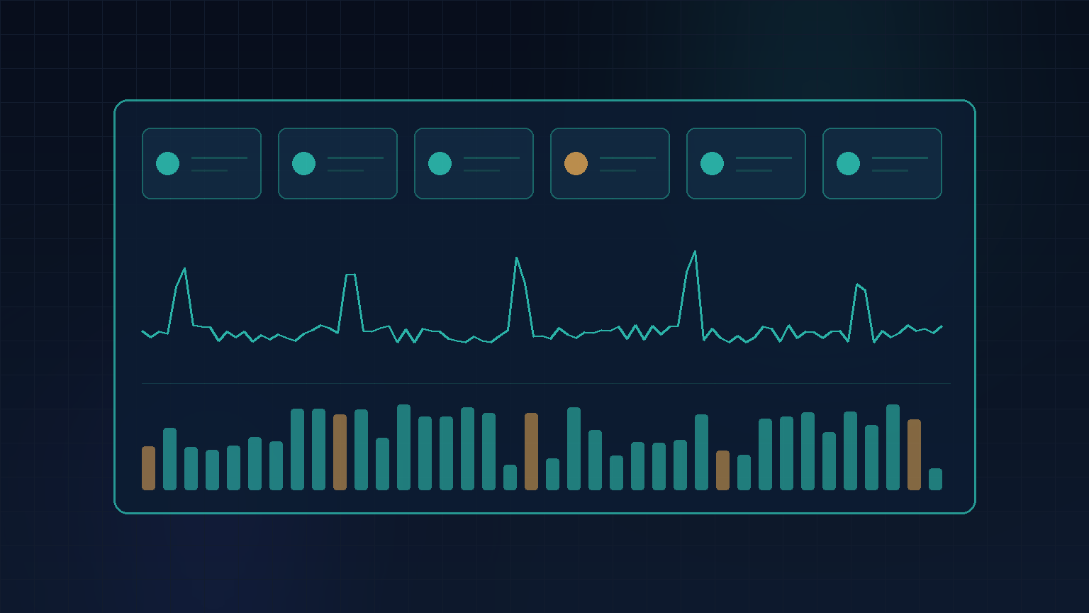 Navy and teal abstract of a monitoring dashboard with status tiles and an uptime pulse line for application management