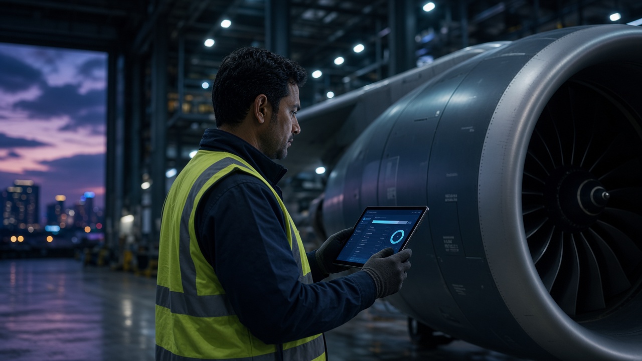 Aircraft engineer reviewing a maintenance app on a tablet beside a jet engine in a Singapore hangar