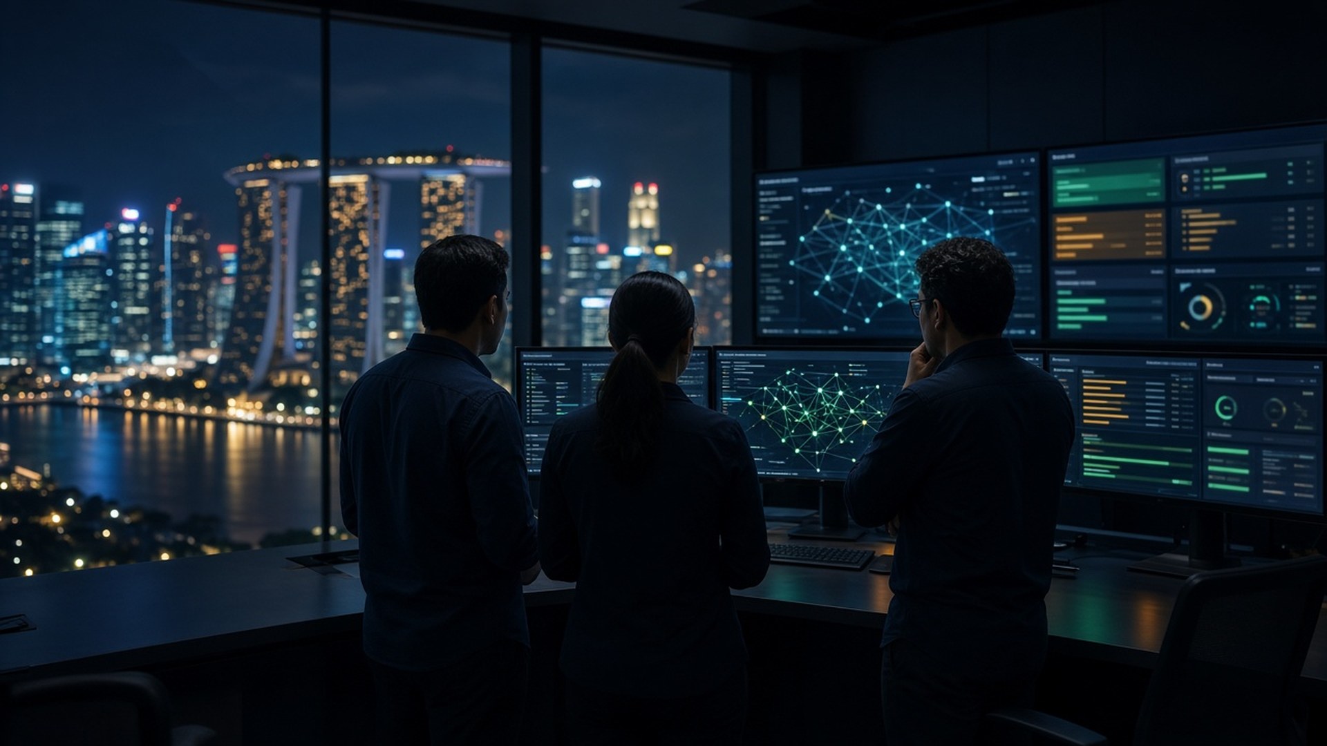 Cinematic night scene of three engineers in a Singapore operations room watching cloud migration dashboards, with the city skyline through the windows