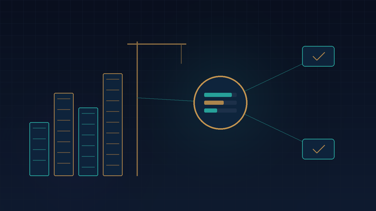 Navy and teal abstract of stepped building blocks and a crane line beside a central project-control hub with progress bars, for construction software
