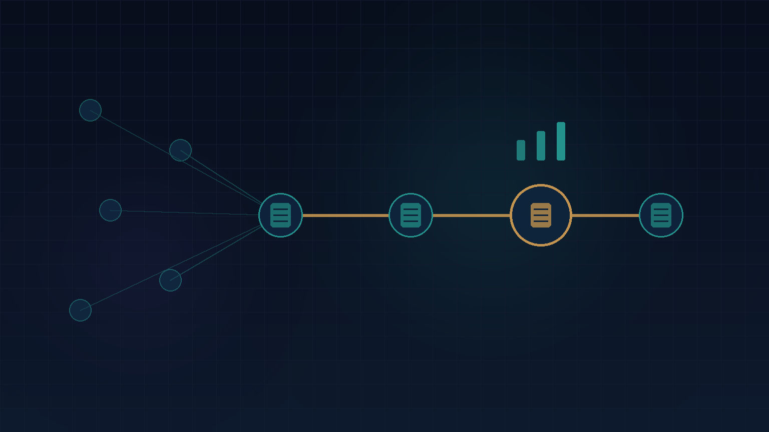 Navy and teal abstract of messy workflow nodes converging into a digitised highlighted path with measure bars, for digital transformation