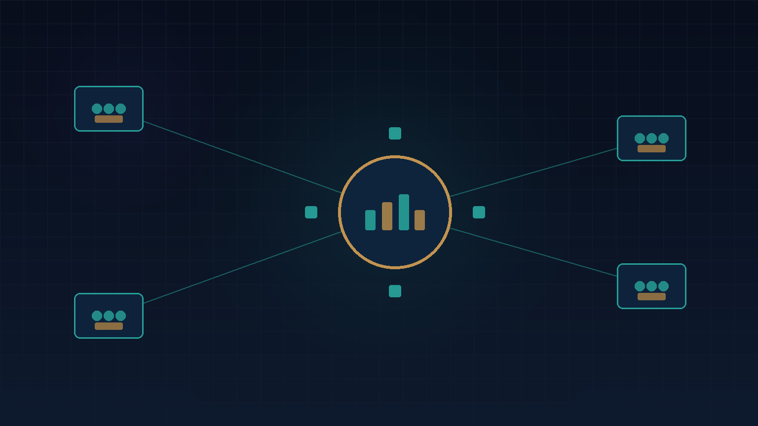 Navy and teal abstract of learner cohort nodes feeding a central enrollment and assessment hub with schedule bars, for education software