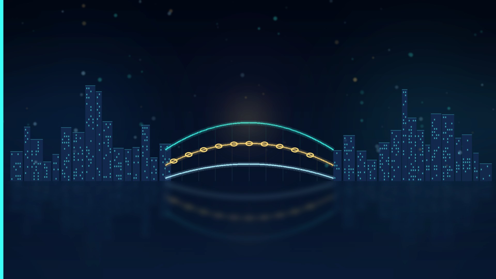 Cinematic night scene of a Singapore-style skyline and a Manila-style skyline joined by three light bridges, the middle one carrying a chain of gold links
