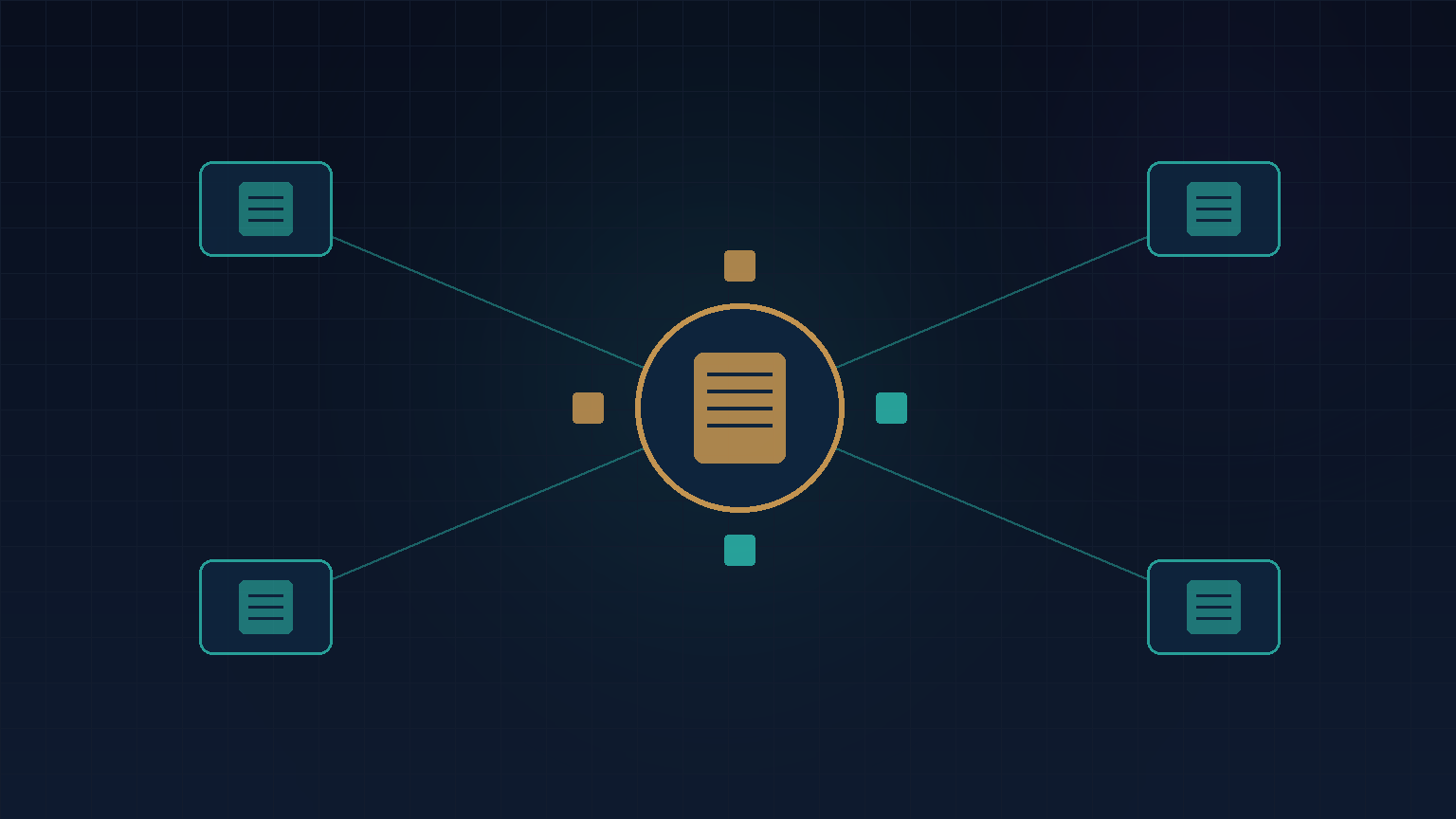 Navy and teal abstract of applicant, reviewer, inspector and admin nodes feeding a central compliance case hub, for energy software