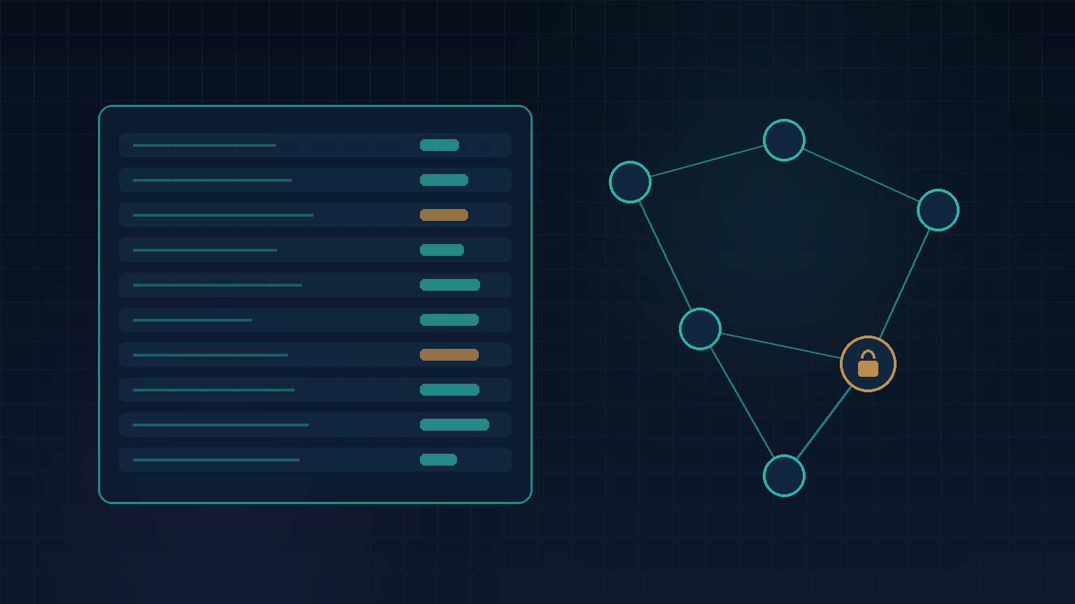 Navy and teal abstract of a ledger panel beside a payment flow network with a secured node for fintech software development