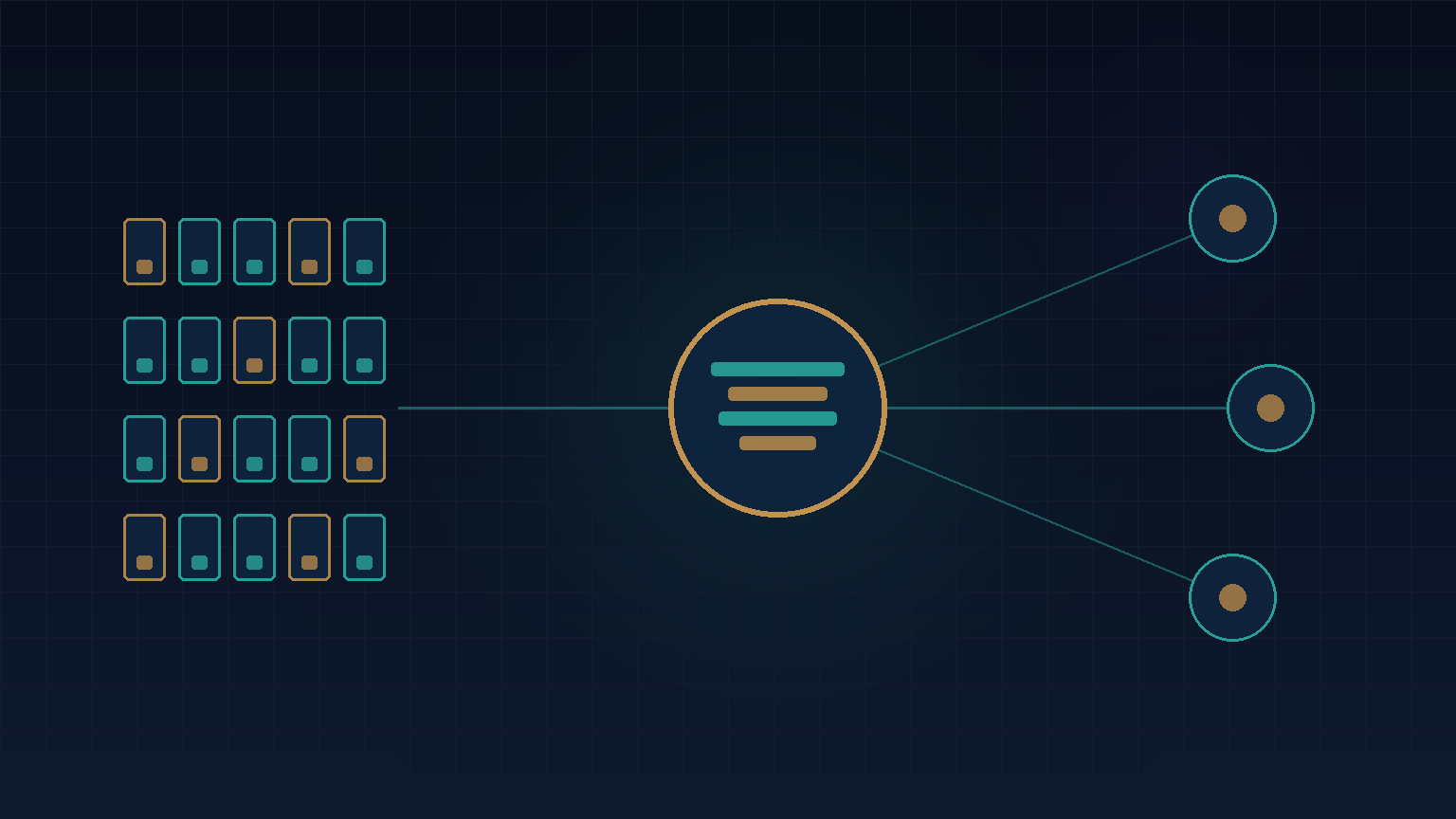 Navy and teal abstract of a room-status grid and guest request nodes feeding a central property operations hub, for hospitality software