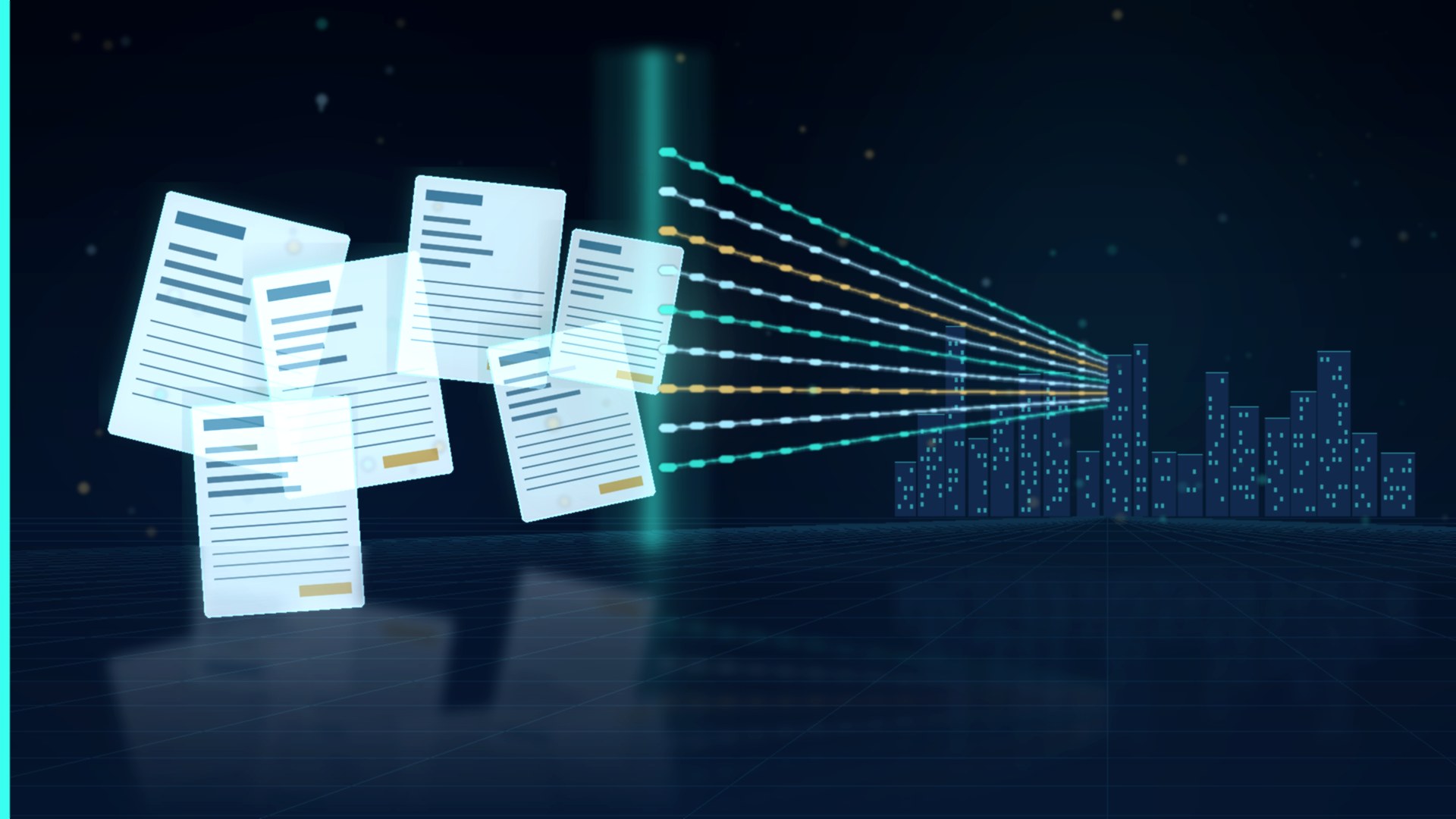 Cinematic navy and teal scene of document pages flowing through a scanning light into structured data streams toward a Singapore skyline, no text