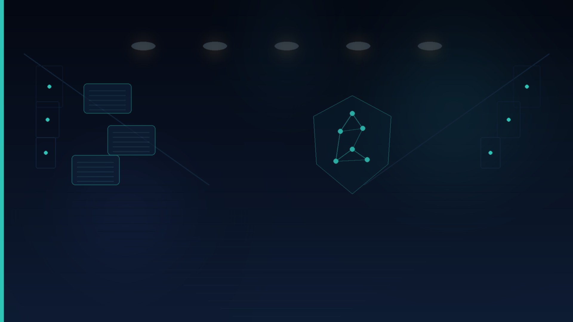 Cinematic navy and teal abstract of a soft Singapore clinic corridor with a privacy shield and connected data-node motif