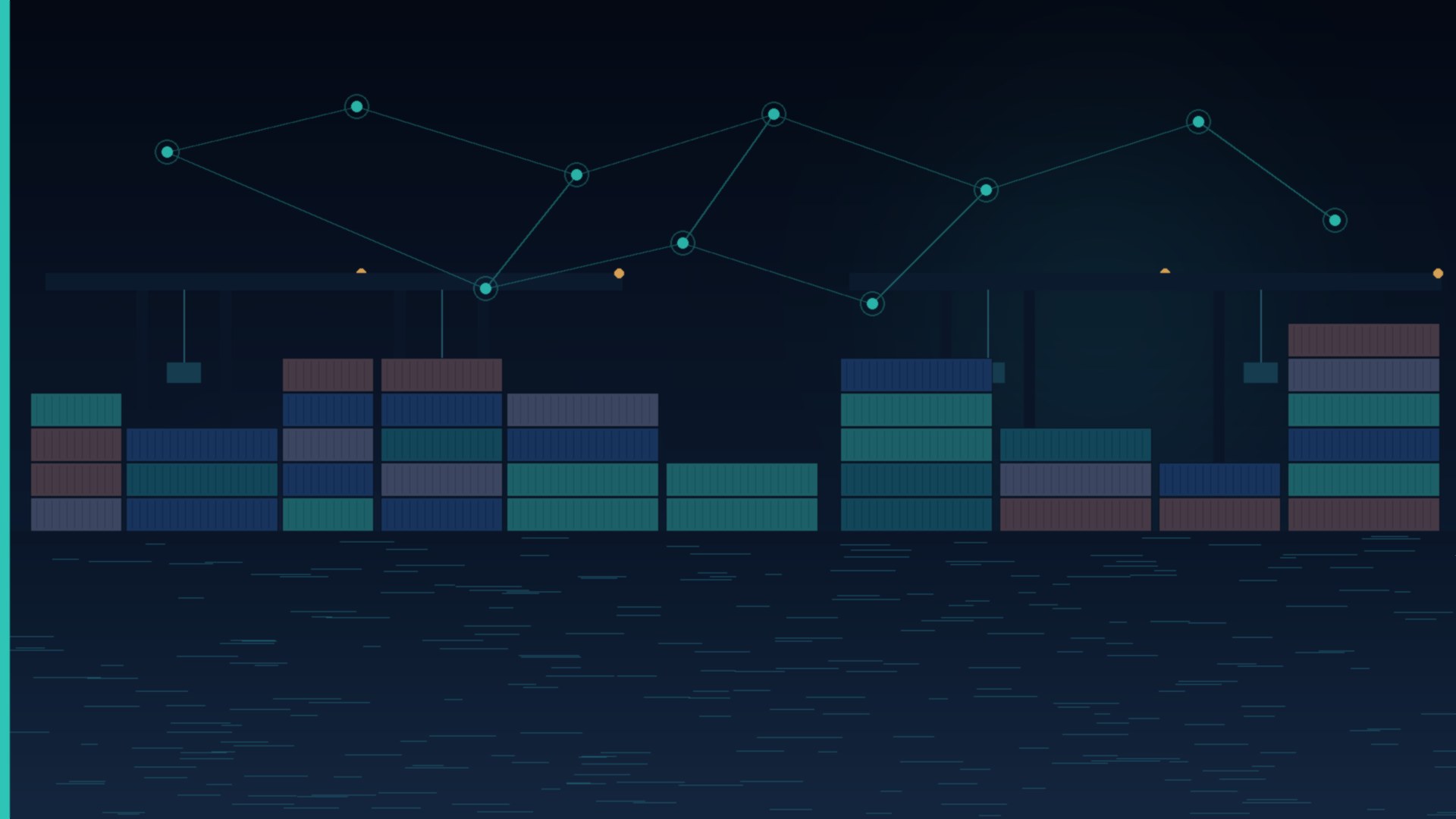 Cinematic navy and teal abstract of a Singapore container port at night with a connected workflow network overlay