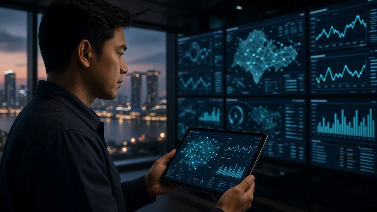Operations engineer reviewing IoT telemetry dashboards on a tablet in a Singapore control room