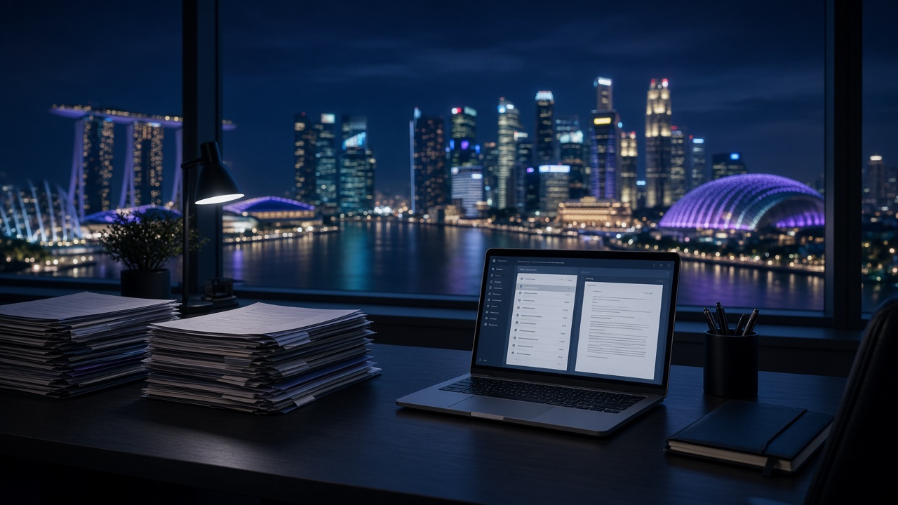 Law firm desk with case files and a laptop overlooking the Marina Bay skyline at night