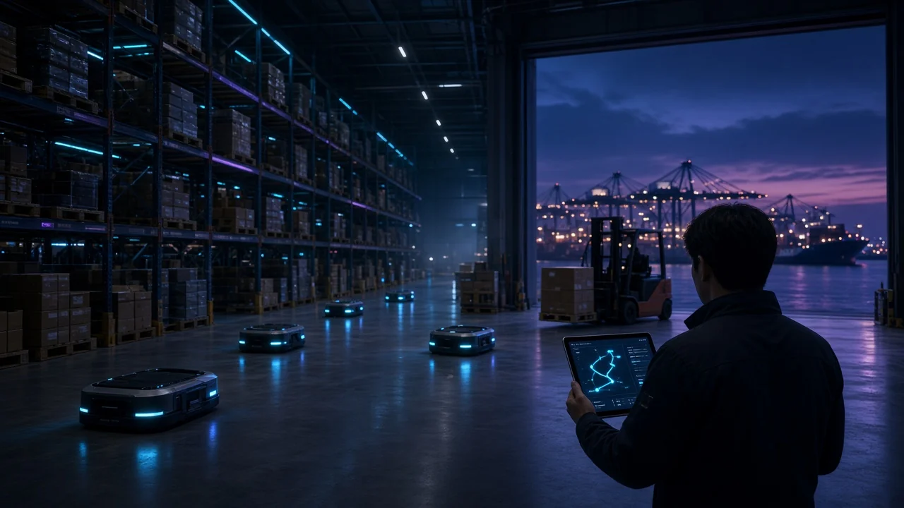 Singapore logistics warehouse with autonomous robots and a supervisor tracking routes on a tablet, port cranes at dusk