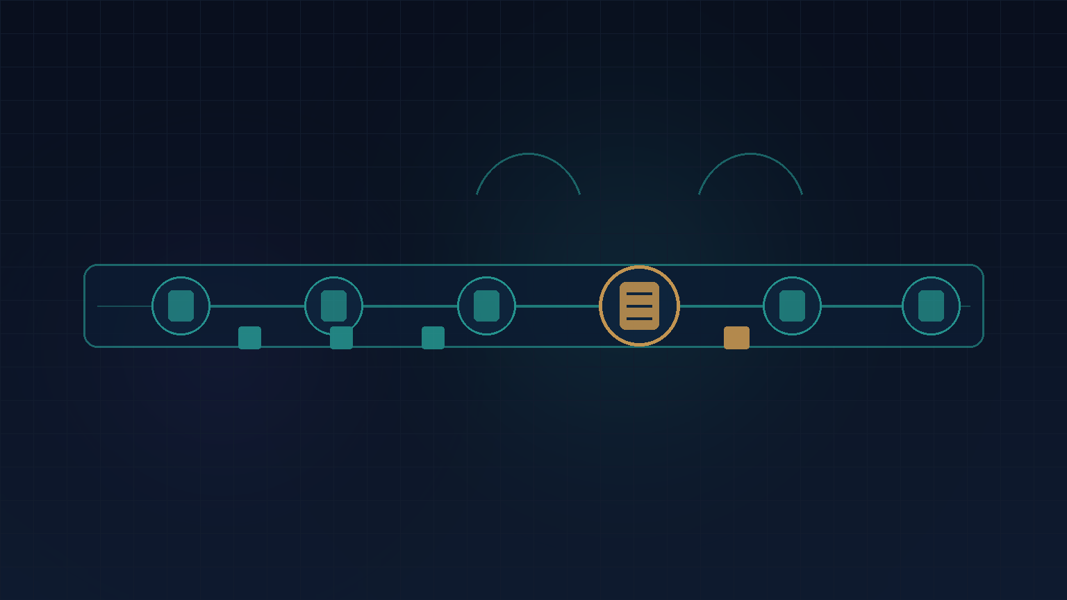 Navy and teal abstract of a production line of station nodes with one highlighted station, for manufacturing software development