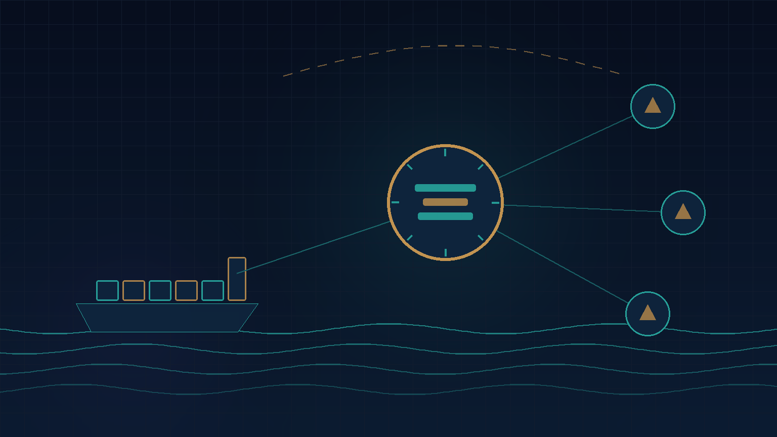 Navy and teal abstract of a vessel silhouette on wave lines with port-call nodes linked to a central voyage operations hub, for maritime software