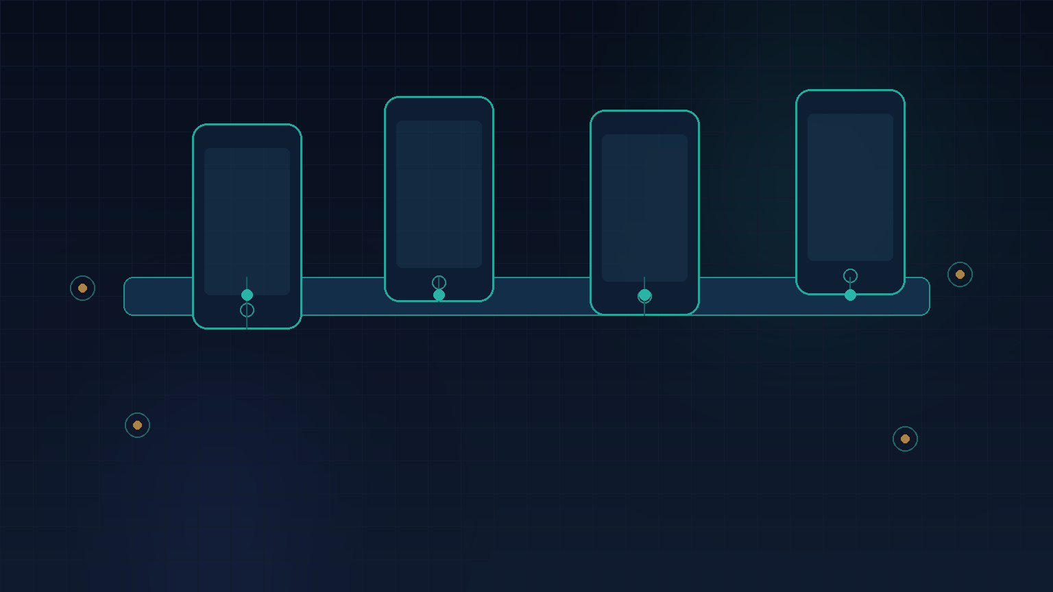 Navy and teal abstract of mobile device frames linked to a secure API backbone