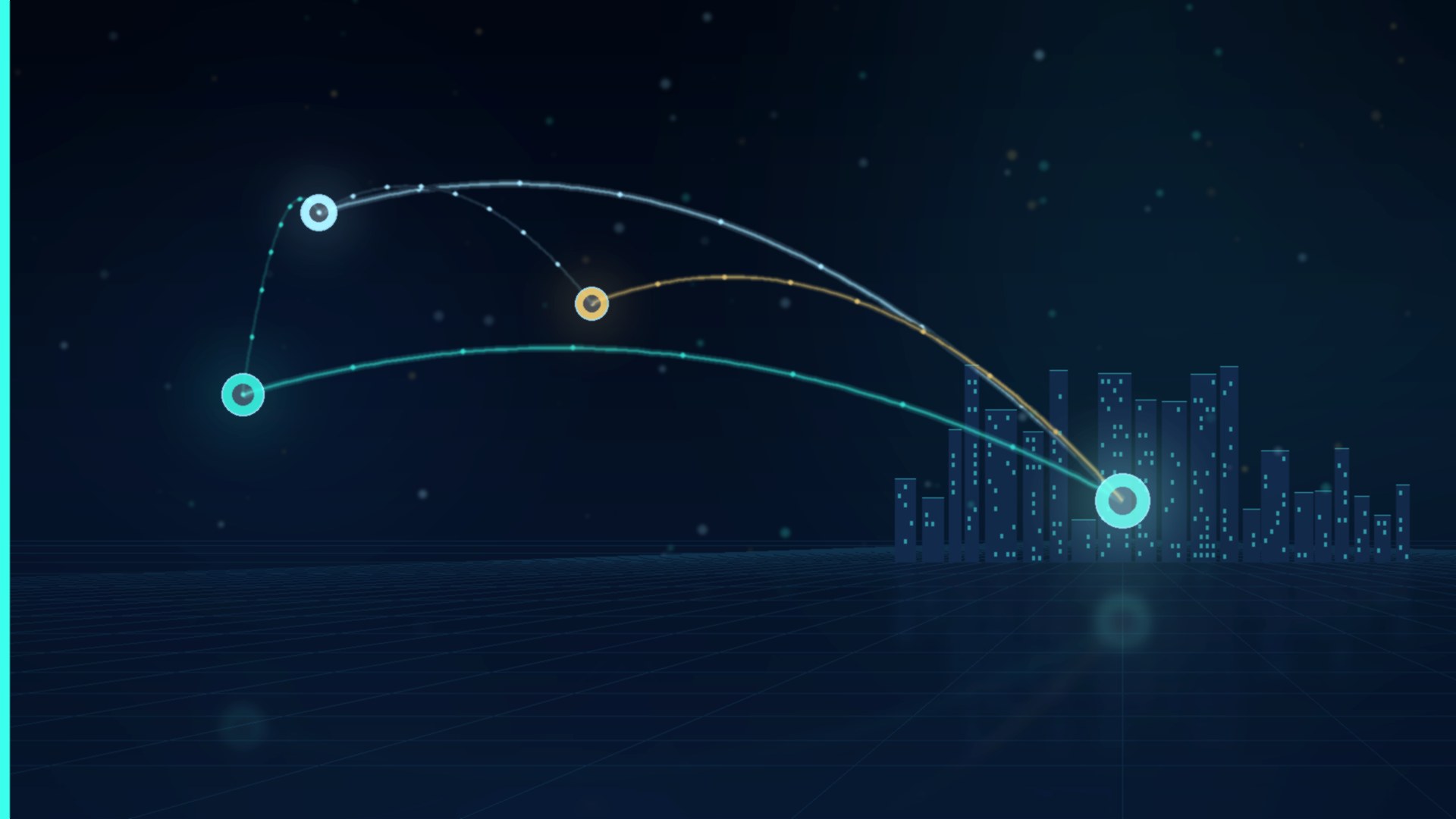 Cinematic navy and teal scene of three geographic nodes linked by route lines toward a Singapore financial-district silhouette at night, no text