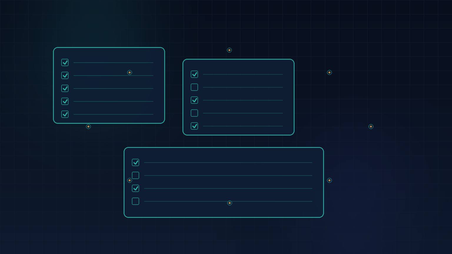 Navy and teal abstract of verification panels and checklist lattices for quality engineering