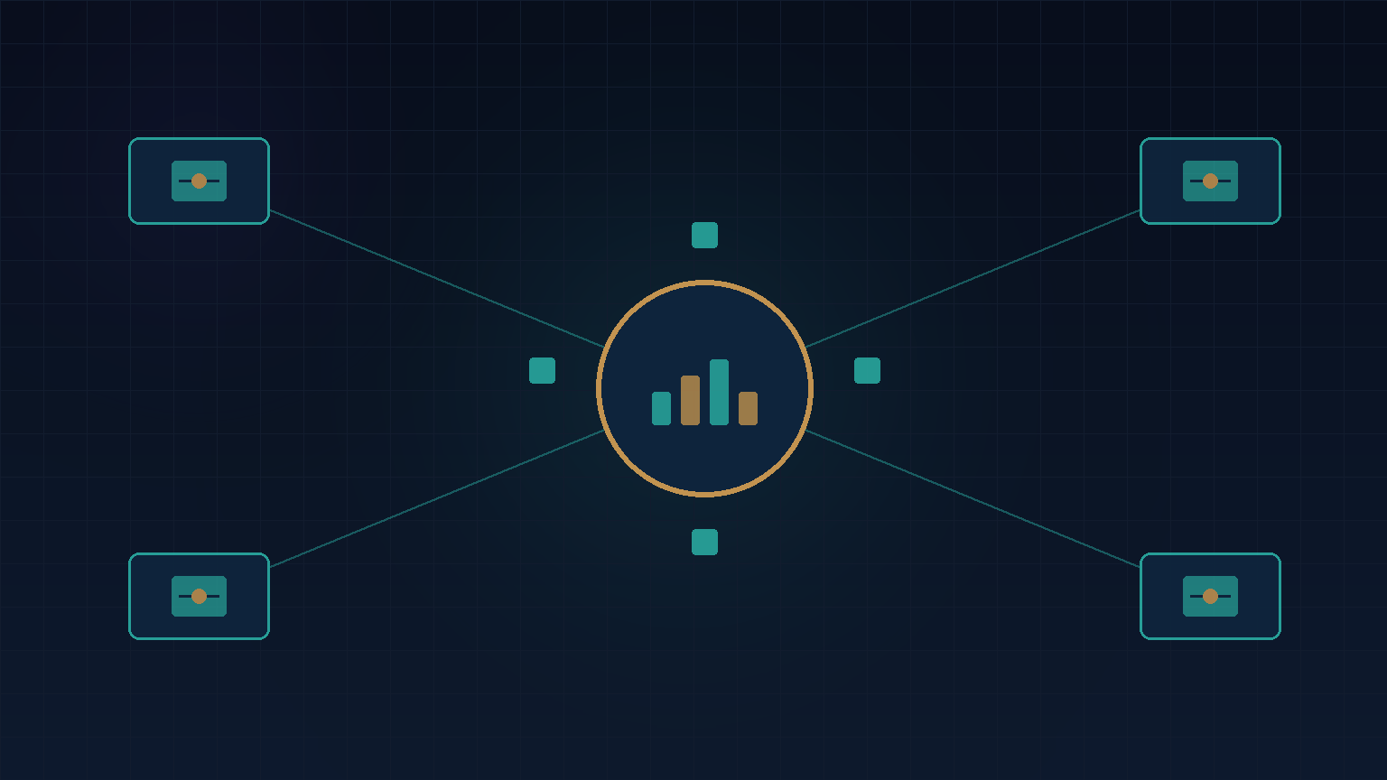 Navy and teal abstract of four outlet nodes feeding a central inventory and POS hub with stock bars, for retail software