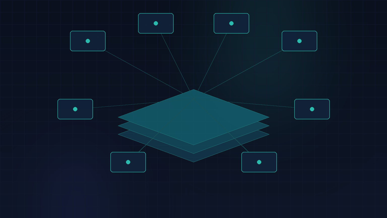 Navy and teal abstract of a shared SaaS platform layer connected to isolated tenant tiles