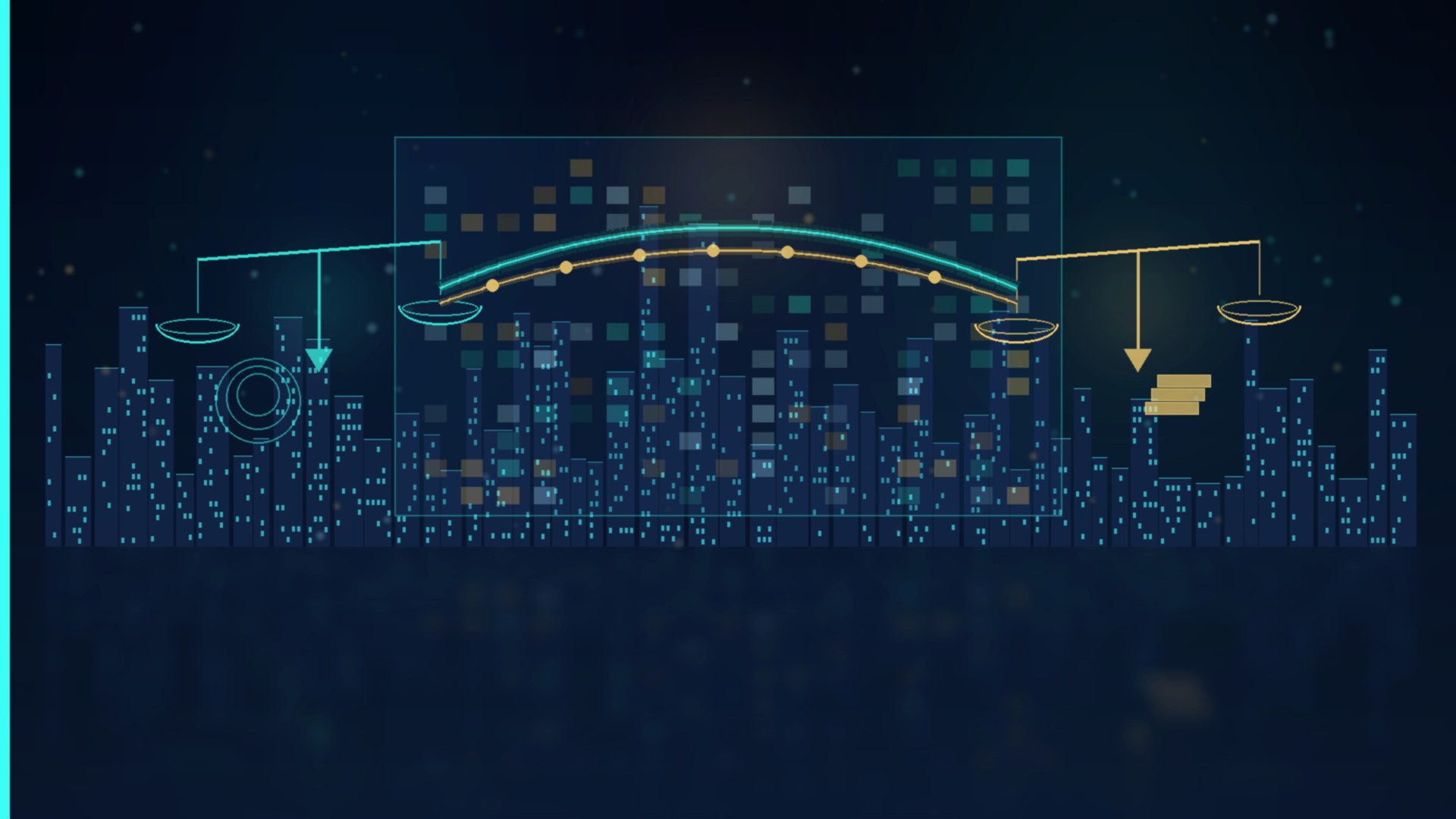 Cinematic Singapore CBD night office with dual abstract cost scales and a teal-gold bridge metaphor for SaaS subscription versus custom software build
