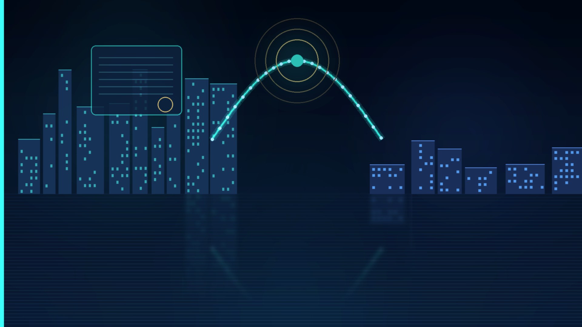 Cinematic navy and teal abstract of a Singapore contract linked by a glowing data bridge to an offshore delivery hub, with a soft protective ring, no text