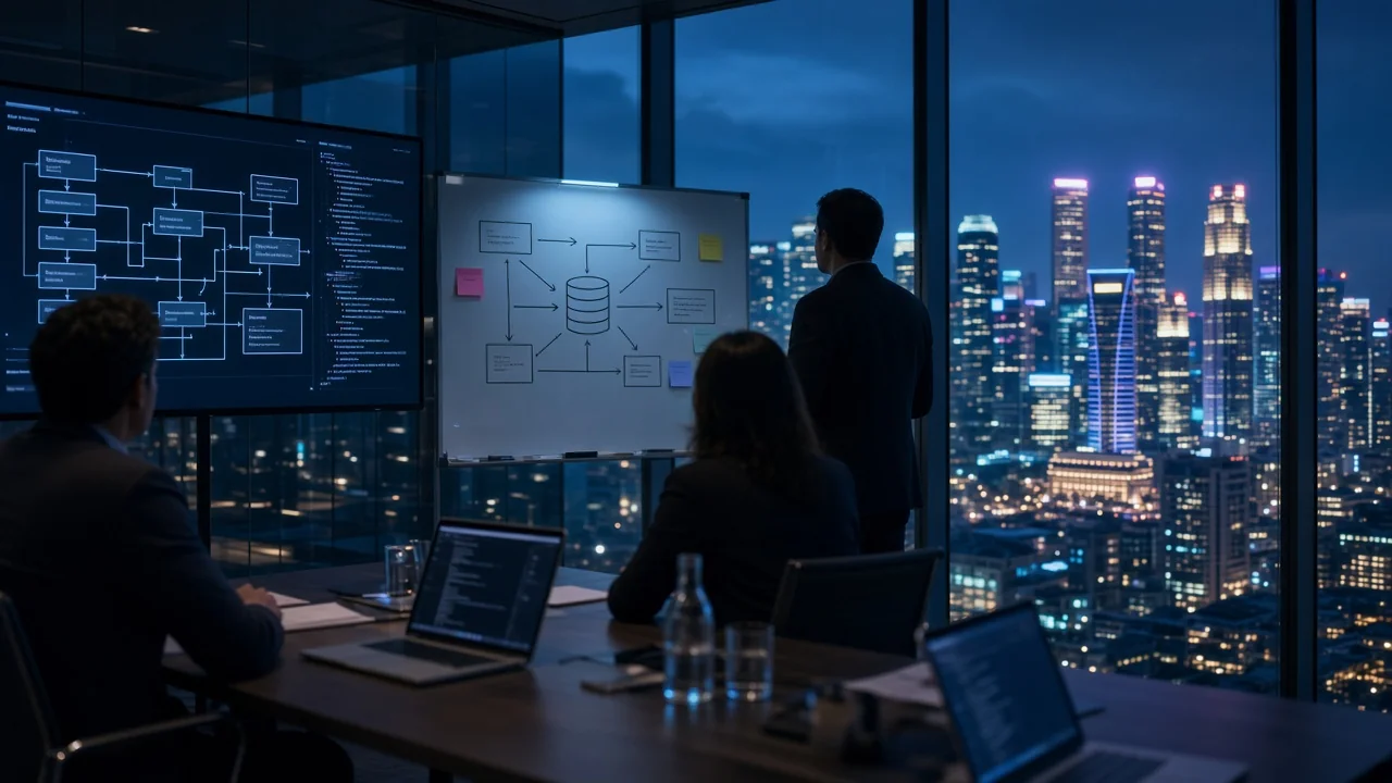 Software consulting team reviewing system architecture in a Singapore CBD meeting room at night