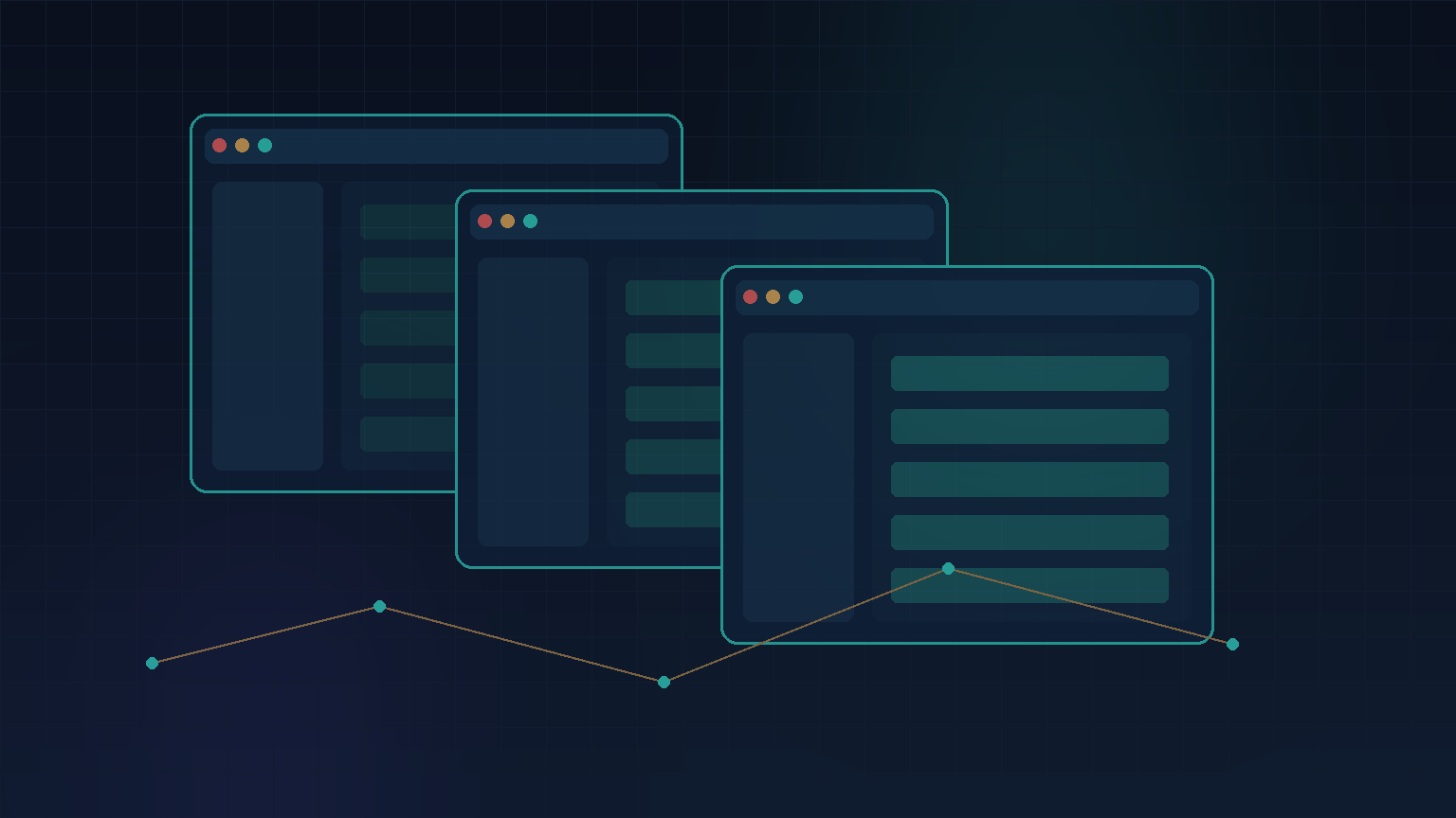 Navy and teal abstract of layered artboards and device frames for UI UX design