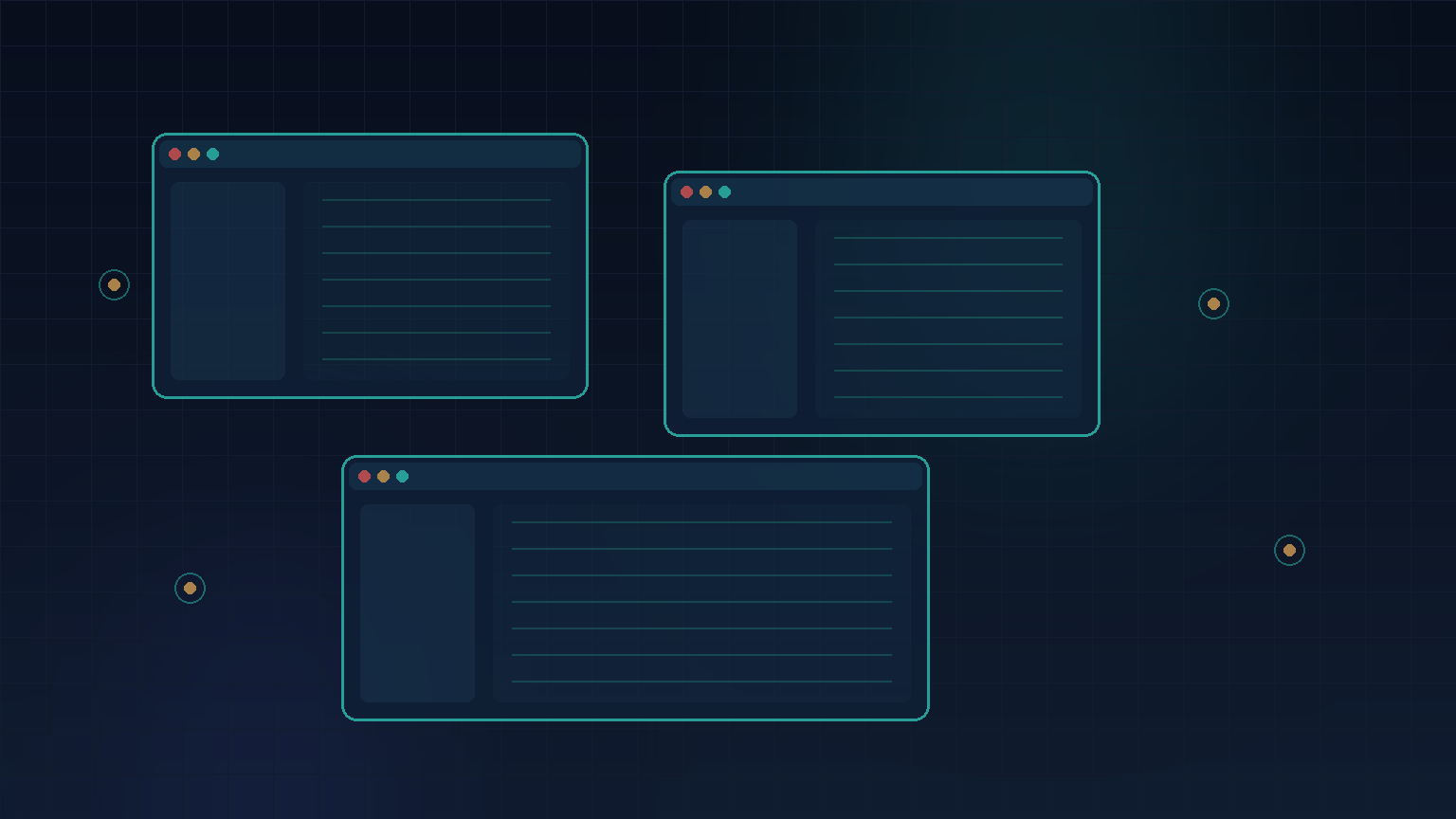 Navy and teal abstract of layered browser frames linked across a secure grid